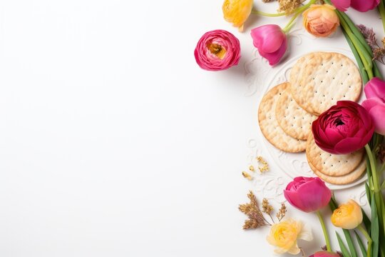  a white plate topped with crackers next to pink flowers and pink tulips on top of a white surface with pink and yellow tulips on the side.