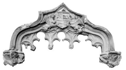 Sphinx sculptures on white background. Ornamental carved stone emblem png photo.