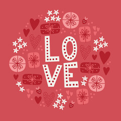Valentine's Day greeting card with flowers, hearts and gifts