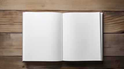 Top view of open blank white book on wooden table.