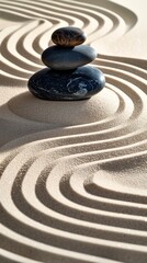 Fototapeta na wymiar Japanese garden. Pyramid of Grey, Black smooth stones laid on Sand waves. Zen. Meditation. Concept balance, peace, calm, harmony. Minimalism. Relax. Spa atmosphere. Natural background. Copy space. 3D