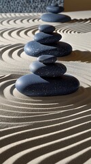Fototapeta na wymiar Japanese garden. Pyramid of Grey, Black smooth stones laid on Sand waves. Zen. Meditation. Concept balance, peace, calm, harmony. Minimalism. Relax. Spa atmosphere. Natural background. Copy space. 3D