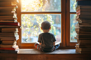 A boy sits and reads on a wooden table by the window with piles of old books stacked on top of each other. People who are introverted and obsessed. back view. - obrazy, fototapety, plakaty