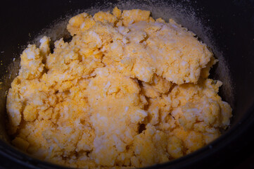 shot on mashed corn rice dish