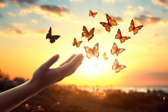  a person's hand reaching out towards a group of butterflies that are flying in the air over a body of water with a setting sun in the distance in the background.
