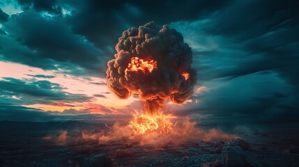 A nighttime nuclear detonation shock wave and stormy sky with a nuclear fungi in the backdrop, Generative AI.