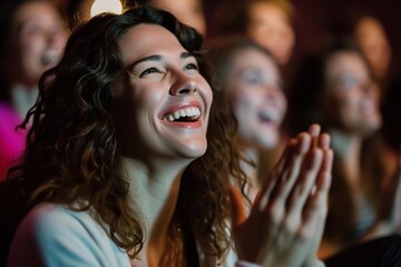 A woman in the theatrical crowd is clapping her hands, cheering, and having a good time, Generative AI.