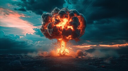 A nighttime nuclear detonation shock wave and stormy sky with a nuclear fungi in the backdrop, Generative AI. - obrazy, fototapety, plakaty