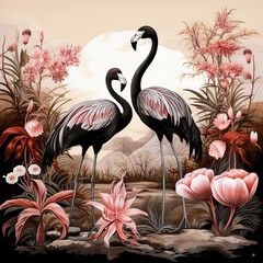 Vintage wallpaper with pink flamingos among tropical plants, landscape on a light brown background