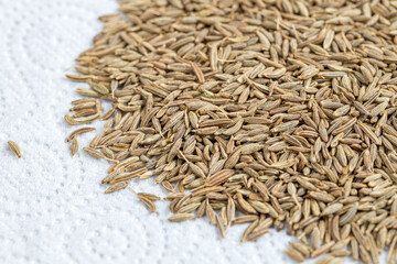 Cumin Jeera spice background. close-up view of zira. Cumin seeds from above. High angle photo of zira jeera cumin spices