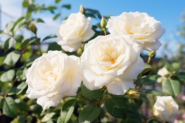  a group of white roses blooming on a bush with green leaves against a blue sky with white clouds in the background and a few pink flowers in the foreground.