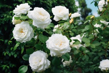  a bush of white roses with green leaves in the foreground and a blue sky in the background, in the foreground is a bush of white roses with green leaves in the foreground.