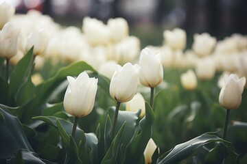  a field of white tulips with green leaves in the foreground and a blurry building in the backgroup of the picture in the background.