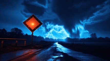 Warning sign. Caution - Night road