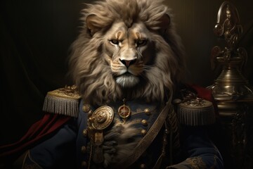  a close up of a lion wearing a suit with a crown on it's head and a crown on top of it's head, in front of a dark background.