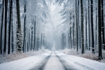  a road in the middle of a forest with snow on the ground and trees on both sides of the road, with snow on the ground and trees on both sides of the road.