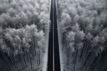  a black and white photo of a road in the middle of a forest with snow on the ground and trees on both sides of the road, and a black and white background.