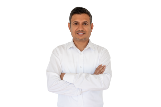  Indian man isolated. Portrait of handsome smiling man with folded arms isolated transparent PNG, Joyful cheerful casual businessman with crossed hands studio shot 