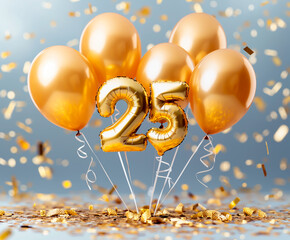 25 spelled in golden celebratory balloons. Anniversary or birthday wallpaper or card.  Shallow...