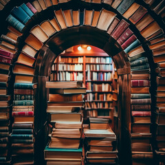 Enchanting book archway in a cozy library, portal to knowledge. Shallow field of view.
 - obrazy, fototapety, plakaty