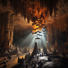 Bats Illuminated in a Mystic Cave