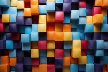  a multicolored pattern of cubes is shown in the middle of a wall of different shades of blue, red, orange, yellow, and purple, and orange.