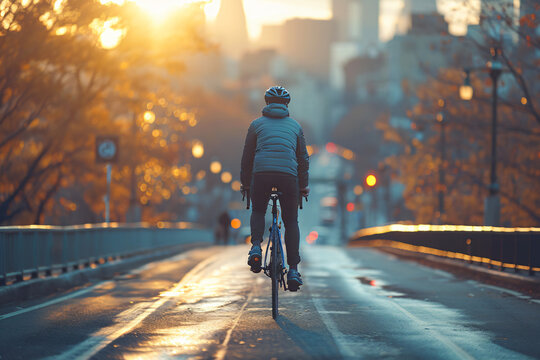 a young american man riding a bicycle on a road in a city street. blurry city in the background. photo taken from behind. golden hour day time. 
