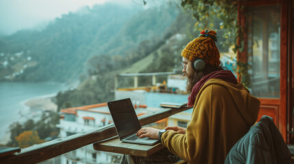 Digital Nomad Lifestyle: Remote Work in Exotic Locations with Modern Tech and Adventure - Flexible Work Environment, Travel & Productivity - Male Remote Worker