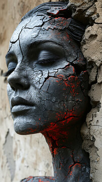 a piece of art on a wall in the form of a woman, in the style of dark gray and red, apocalypse art, photorealistic detail, luminous portraits, stone sculptures, dima dmitriev, burned/charred