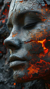 a piece of art on a wall in the form of a woman, in the style of dark gray and red, apocalypse art, photorealistic detail, luminous portraits, stone sculptures, dima dmitriev, burned/charred