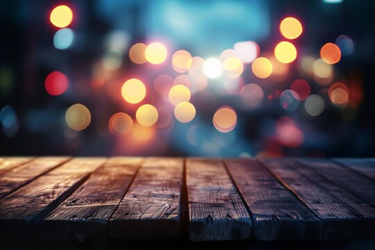 Bokeh surroundings with wood table blurry image, empty space, blur lighting, Generative AI.