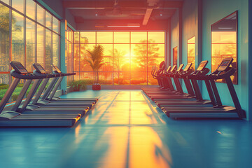 a photo of a interior of a modern fitness center gym club with a workout room with treadmills on a sunny day in the morning.