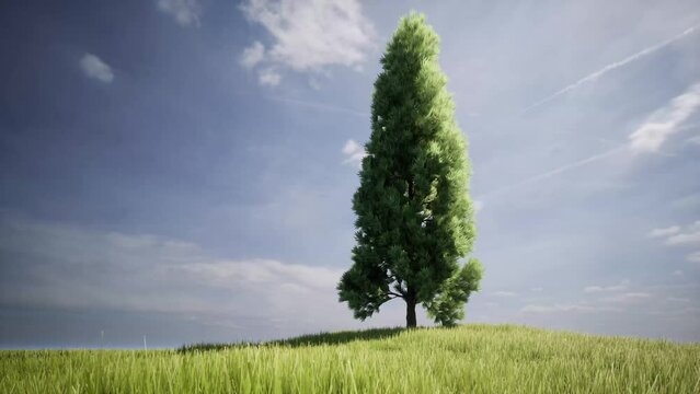 Single tree on hill green grass lawn
