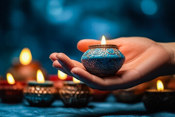 In celebration of Diwali, delicate female hands hold a beautiful candle, radiating the warmth and light that symbolize the joyous festival of lights