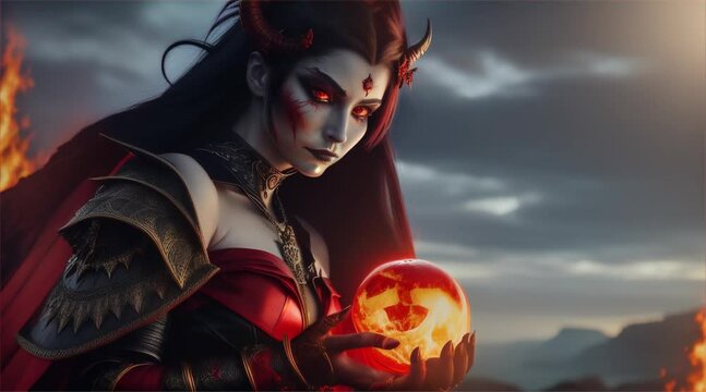 炎の球を持った赤い服の女性の悪魔