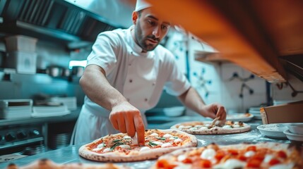 Fototapeta na wymiar An expert chef making pizza in a restaurant kitchen, shown in close-up, Generative AI.