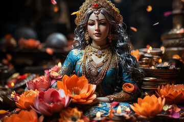 Embracing the joy of the Indian festival, a vibrant celebration of happy Lakshmi Puja, capturing the spirit of devotion and cultural richness.