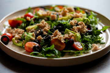 Mediterranean Salad with Tuna Fish, Avocado, and Arugula - Healthy Eating for Weight Loss