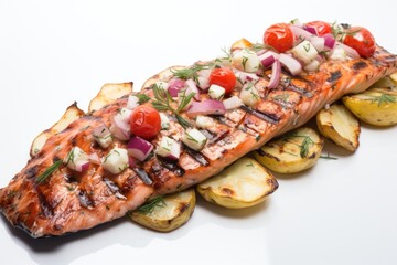  a piece of grilled salmon with tomatoes, onions, and onions on a bed of potato wedges on a white plate with a garnish of green garnish.