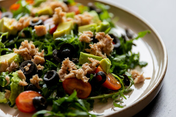 Mediterranean Salad with Tuna Fish, Avocado, and Arugula - Healthy Eating for Weight Loss