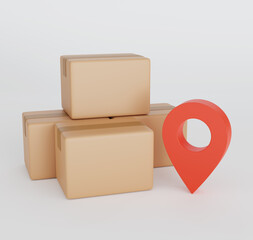 Obraz premium Shipping cartboard box with map pin icon, 3D render illustration