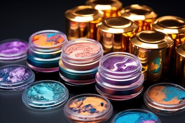  a group of different colored eyeshades sitting next to each other on top of a black surface in front of a pile of gold and purple and blue eyeshades.