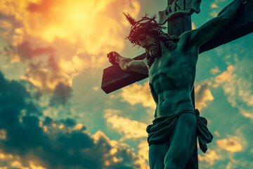 Good Friday concept : Crucifixion of Jesus Christ on the cross with dramatic sky background