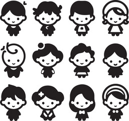 Set of silhouettes kids baby children editable vector icon in various poses