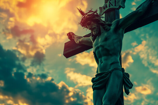Good Friday concept : Crucifixion of Jesus Christ on the cross with dramatic sky background