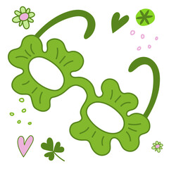 Green glasses with a three-leaf clover St. Patrick's Day symbol and accessories Vector illustration