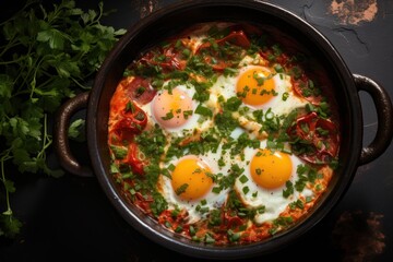  a pan filled with eggs on top of a table next to a sprig of parsley on top of a black table top of a wooden table with a black surface.