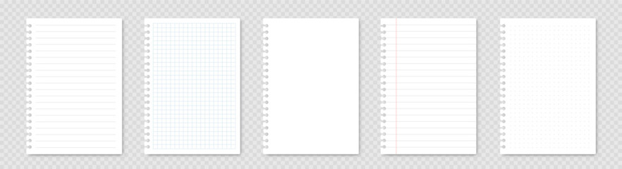 Realistic workbook paper sheets. Mockup sheets of paper torn from a notebook. Blank gridded notebook with shadow - stock vector.