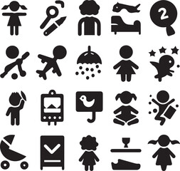 Set of silhouettes kids baby children editable vector icon in various poses