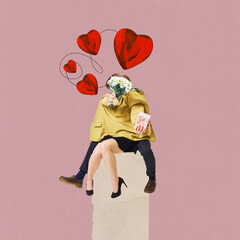 Contemporary art collage. Beloved couple sitting together in one blazer and covering his faces with...